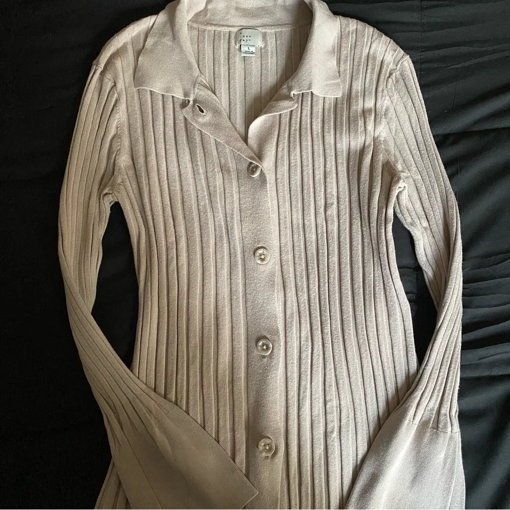 Light Beige Ribbed Button-Up Cardigan - Picture 1 of 6